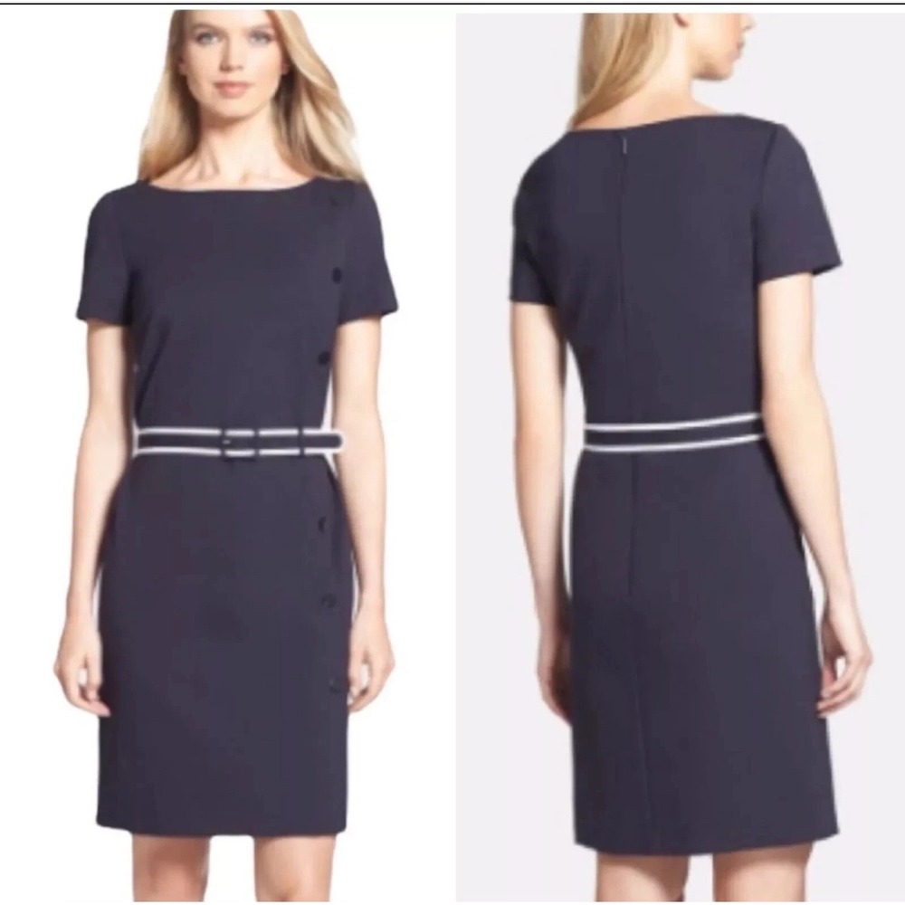 Tory Burch Navy Blue Midi Dress with White Belt Detail